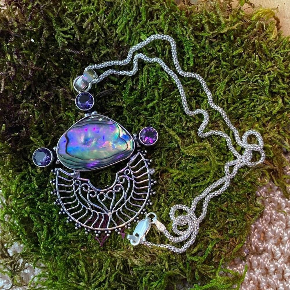 Abalone Shell Sterling Silver Necklace Popcorn Chain - Picture 2 of 5